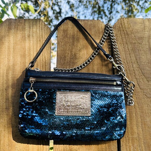 VTG Y2K Coach XL Poppy Sequin Wristlet Sapphire Blue Sparkle Purse Wallet - Picture 12 of 16